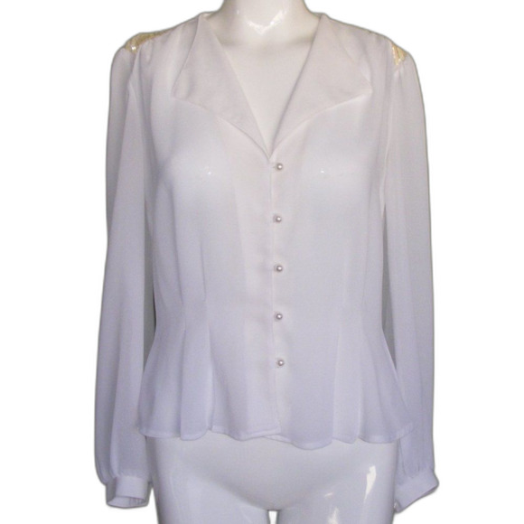 Vintage Contempo Casual Blouse, M, Off-white, Sequin statement Shoulders, LS - Picture 10 of 12